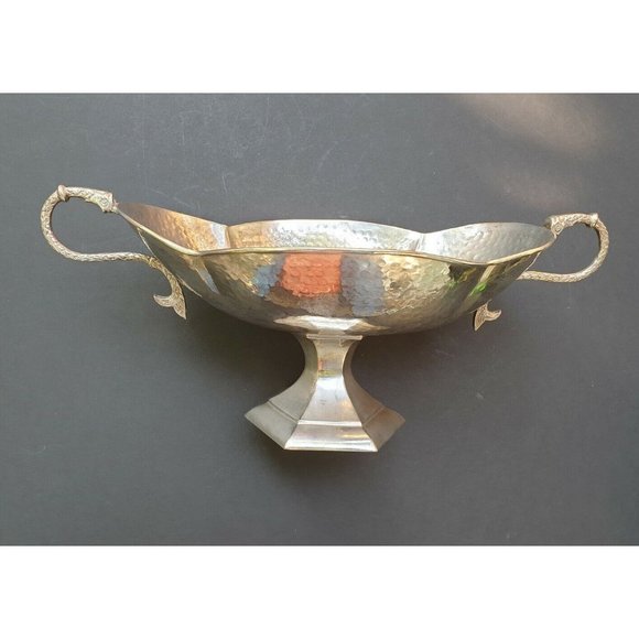 Aluminum Bowl Hammered Pedestal Serpent Handles Buffet Serving Platter